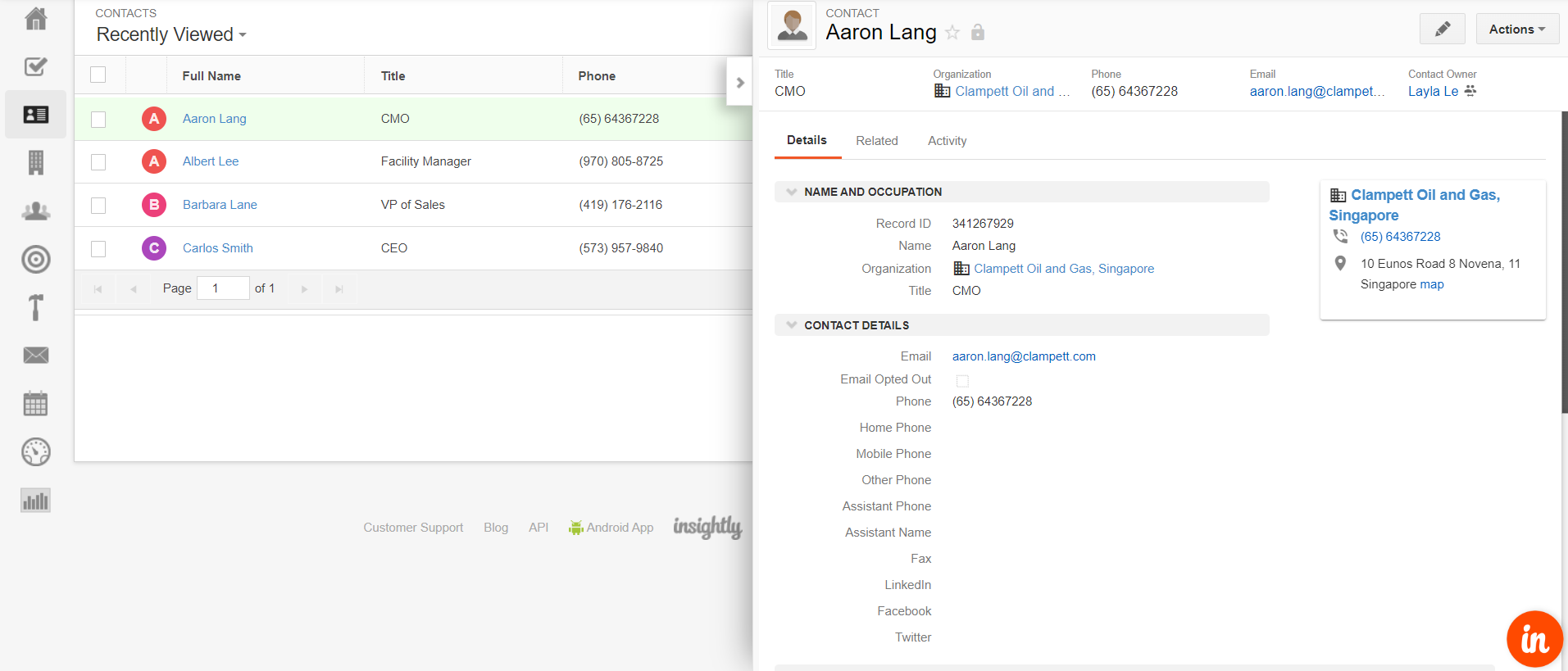 Giao diện Contact của Insightly CRM