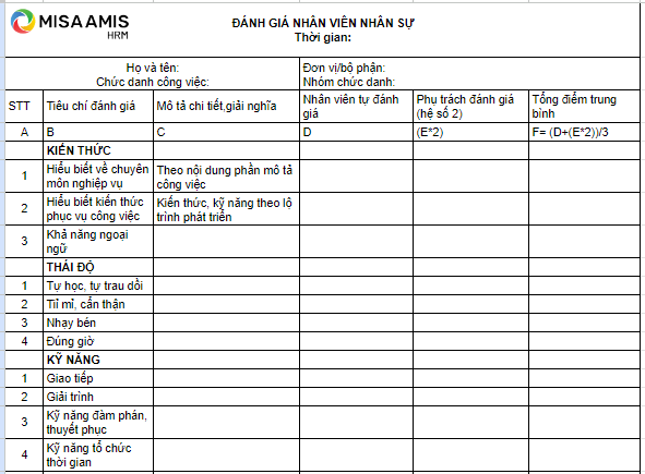 mẫu đánh giá nhân viên excel