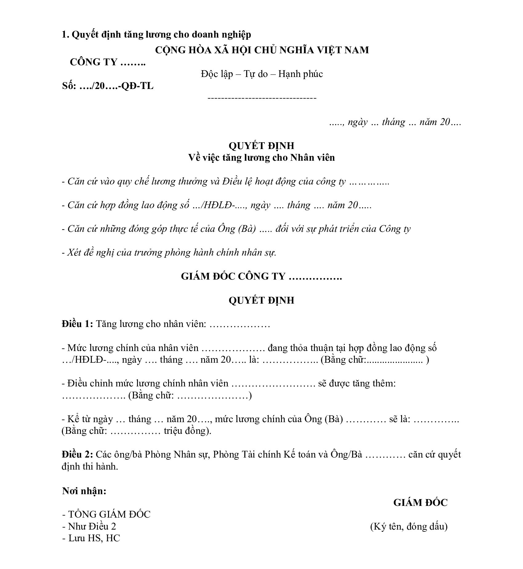 Mẫu quyết định tăng lương