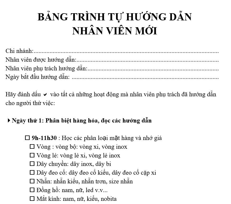 Biểu mẫu đào tạo nhân viên