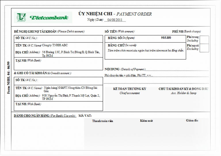 Mẫu ủy nhiệm chi của Ngân hàng Vietcombank