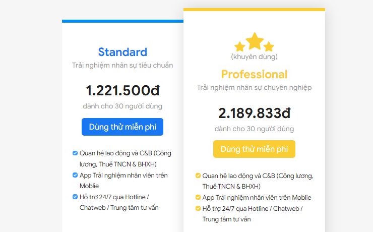 giá phần mềm nhân sự