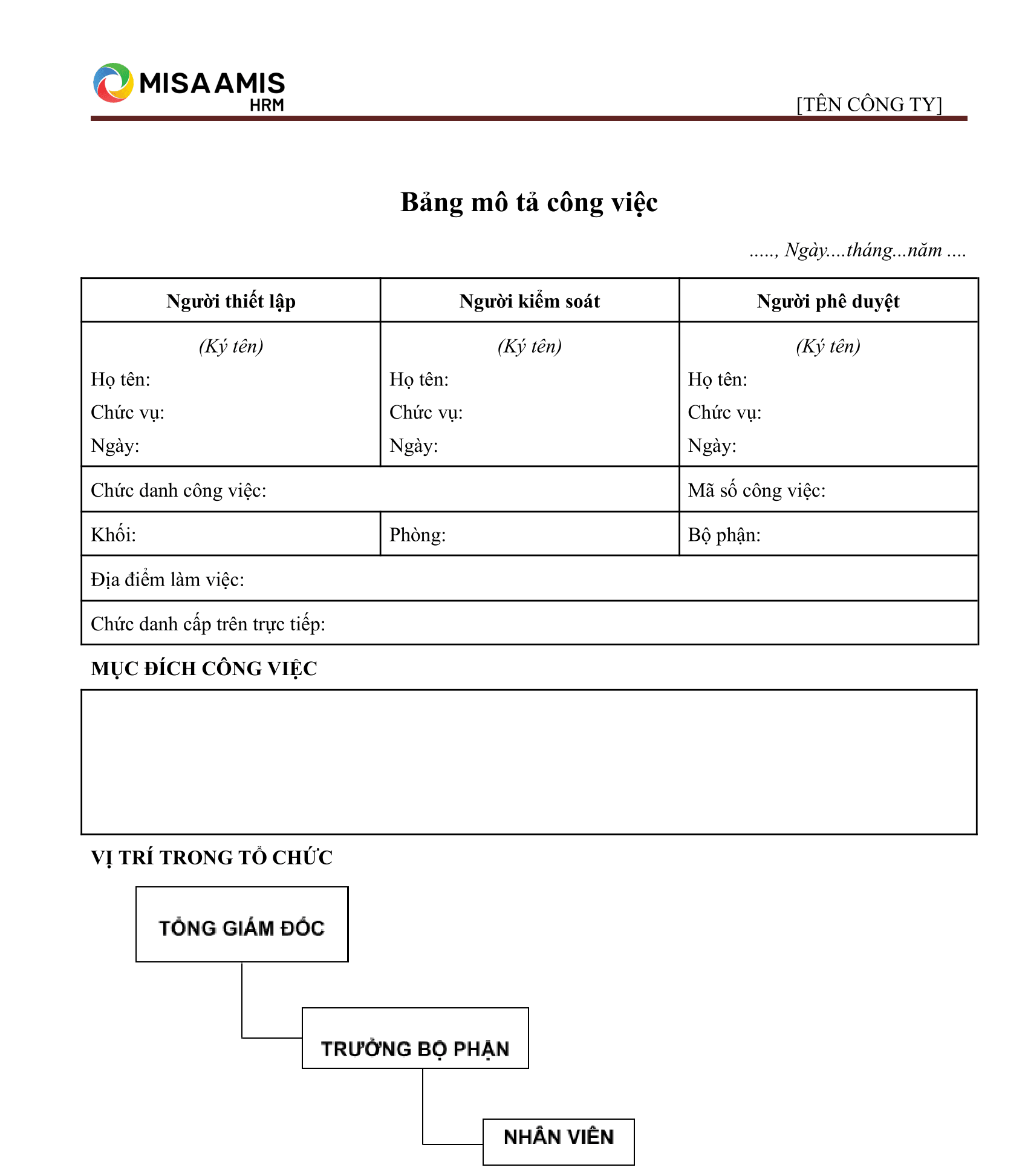 bảng mô tả công việc