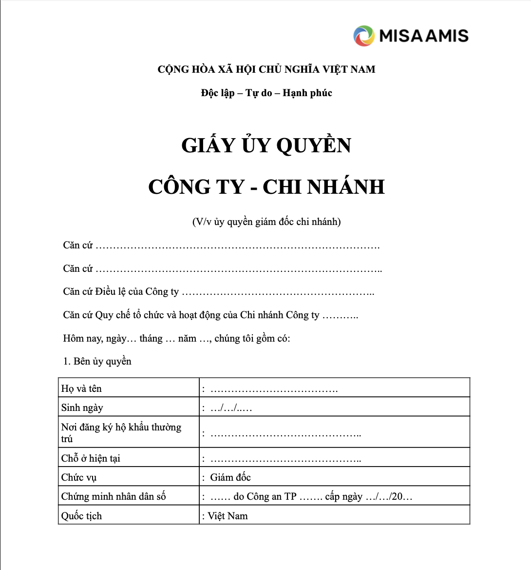 Giấy uỷ quyền công ty chi nhánh