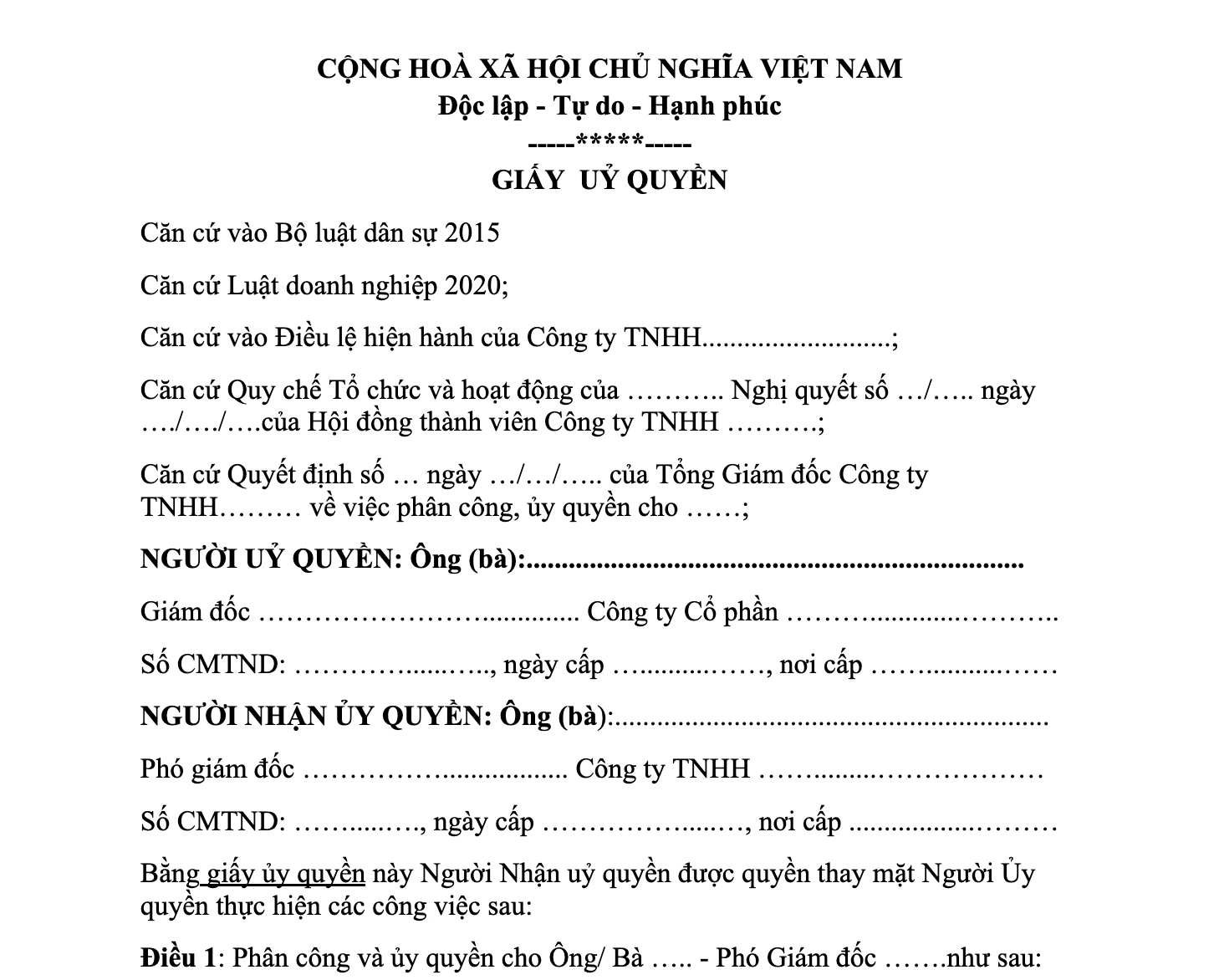 Mẫu giấy ủy quyền công ty TNHH