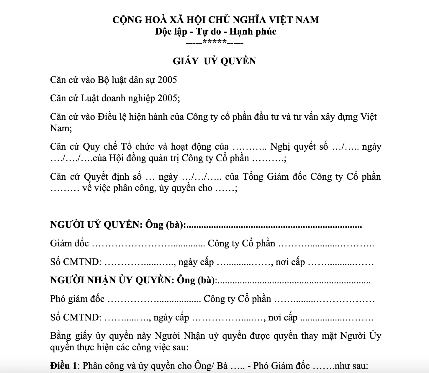 Mẫu giấy ủy quyền công ty cỏ phần