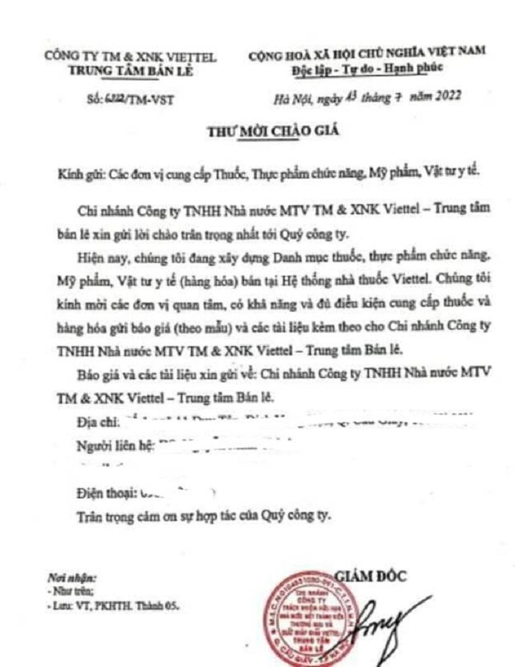 Thư mời chào giá từ Viettel Commerce (Nguồn: vietnam business insider)