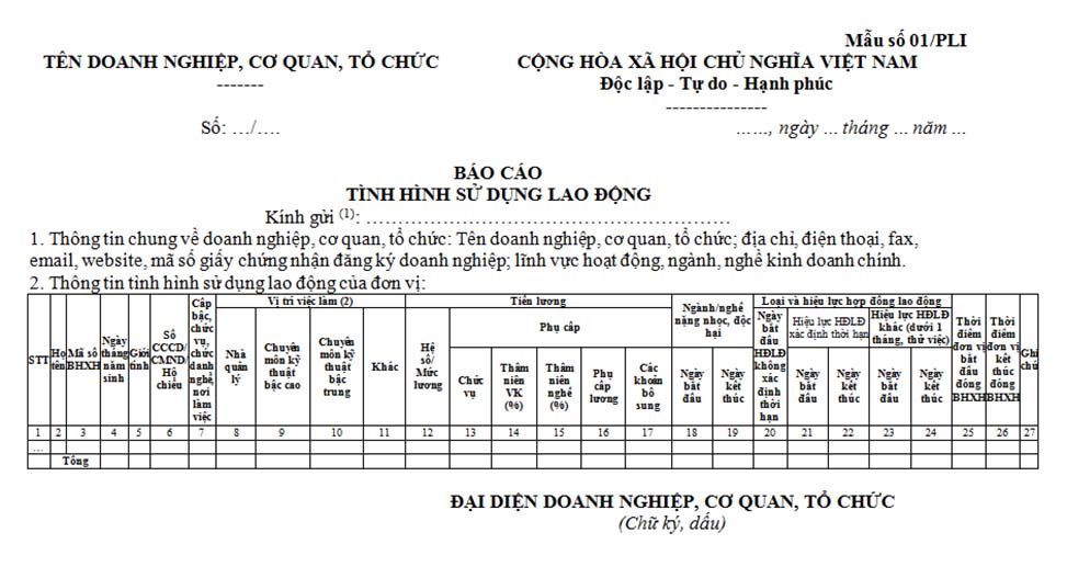Mẫu báo cáo tình hình sử dụng lao động cho cách doanh nghiệp, cơ quan, đơn vị