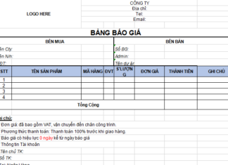 Mẫu bảng báo giá excel