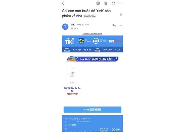 Email nhắc nhở sản phẩm trong giỏ hàng của Tiki
