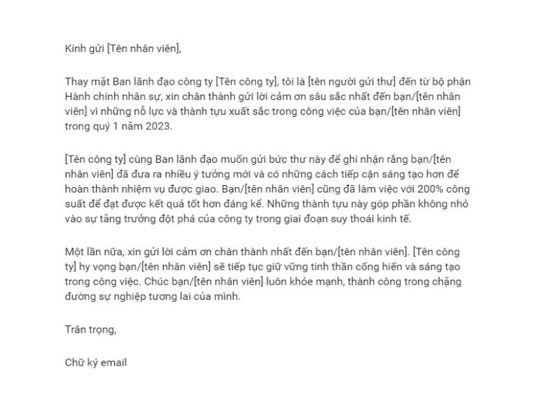 mẫu thư cảm ơn sự đóng góp của nhân viên dự án 2
