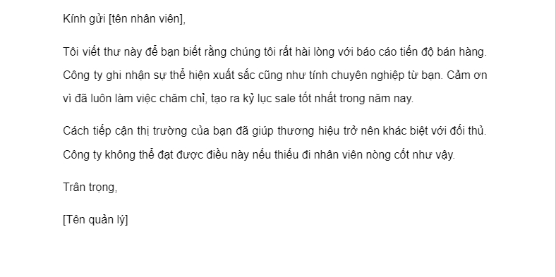 mẫu thư cảm ơn sự đóng góp của nhân viên sale