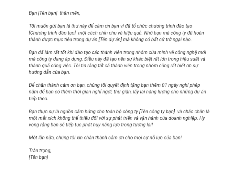 mẫu thư khen ngợi khi nhân viên có những ý tưởng xuất sắc