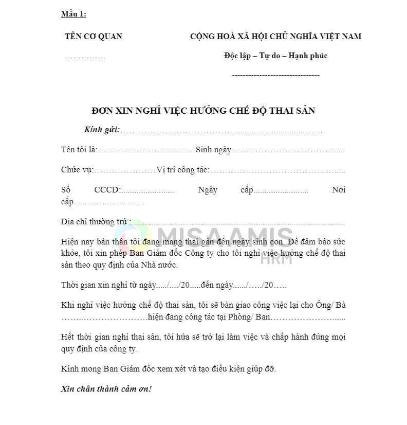Mẫu văn bản xin nghỉ thai sản 