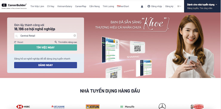 Đầu tiên bạn cần đăng nhập vào trang Web CareerBuilder.vn