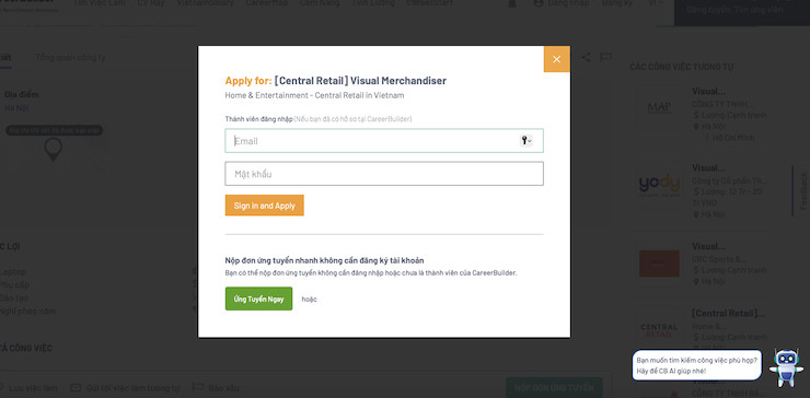 Lựa chọn công việc phù hợp và click vào ô nộp đơn ứng tuyển