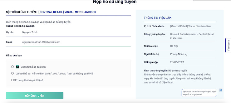 Điền thông tin cần thiết trước khi bấm ứng tuyển
