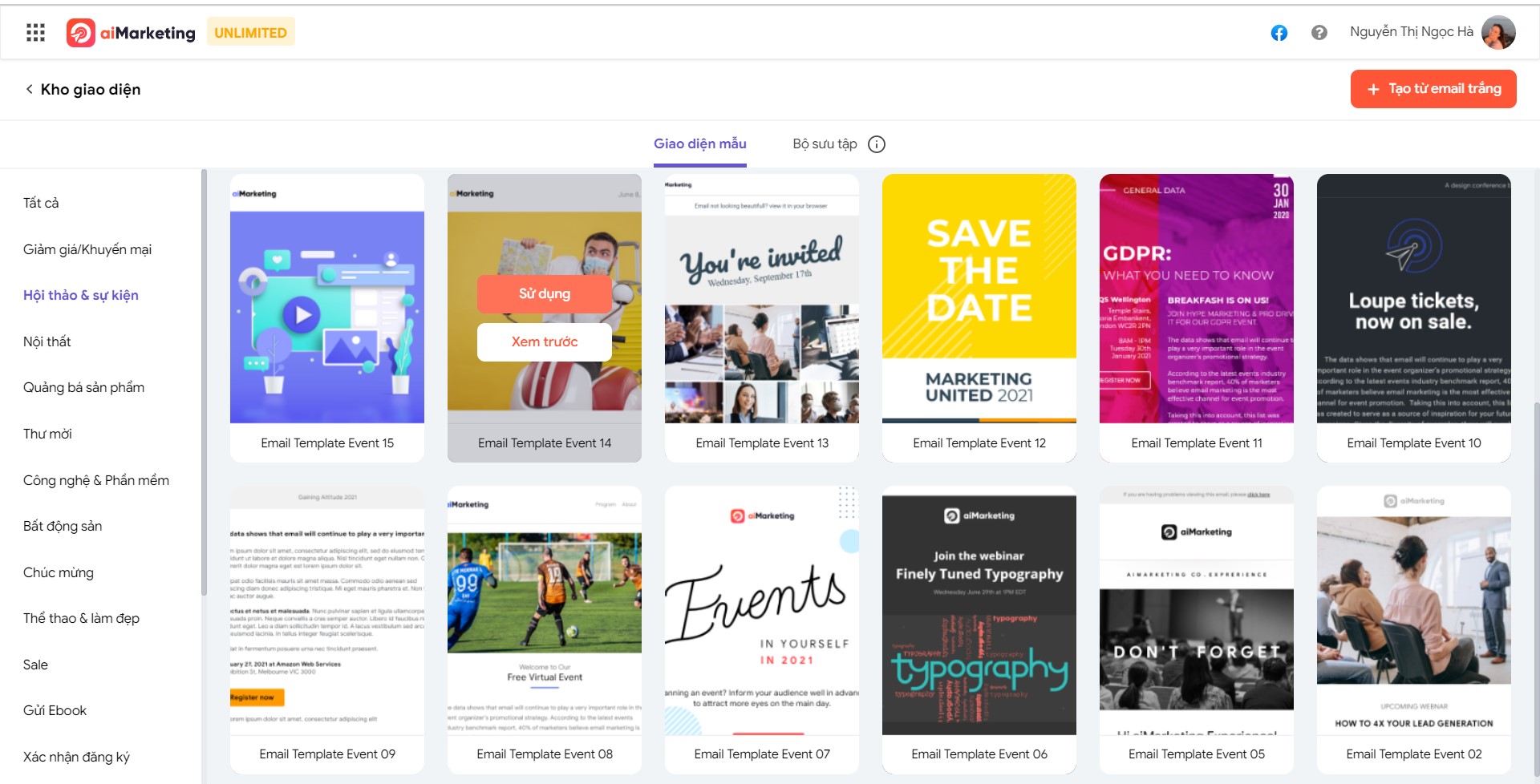 Kho email template trên phần mềm aiMarketing