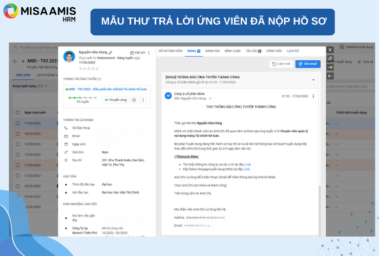 Mẫu thư trả lời ứng viên đã nộp hồ sơ