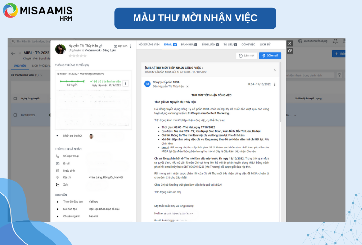 Mẫu thư mời nhận việc