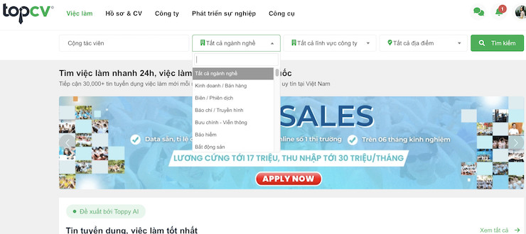 Trang tuyển dụng TOP CV cho phép bạn tìm việc theo ngành nghề, kinh nghiệm