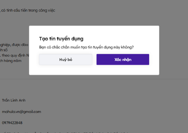 Popup khi xác thực tin đăng tuyển dụng trên việc làm 24h