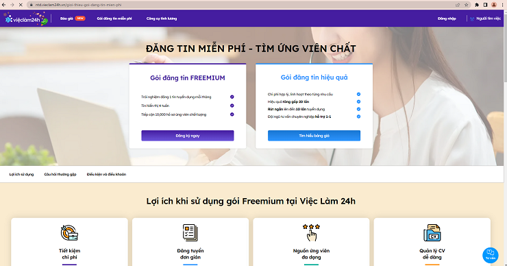 Giao diện khi truy cập web việc làm 24h để đăng tin miễn phí