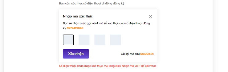 Giao diện kích hoạt mã xác thực bằng số điện thoại