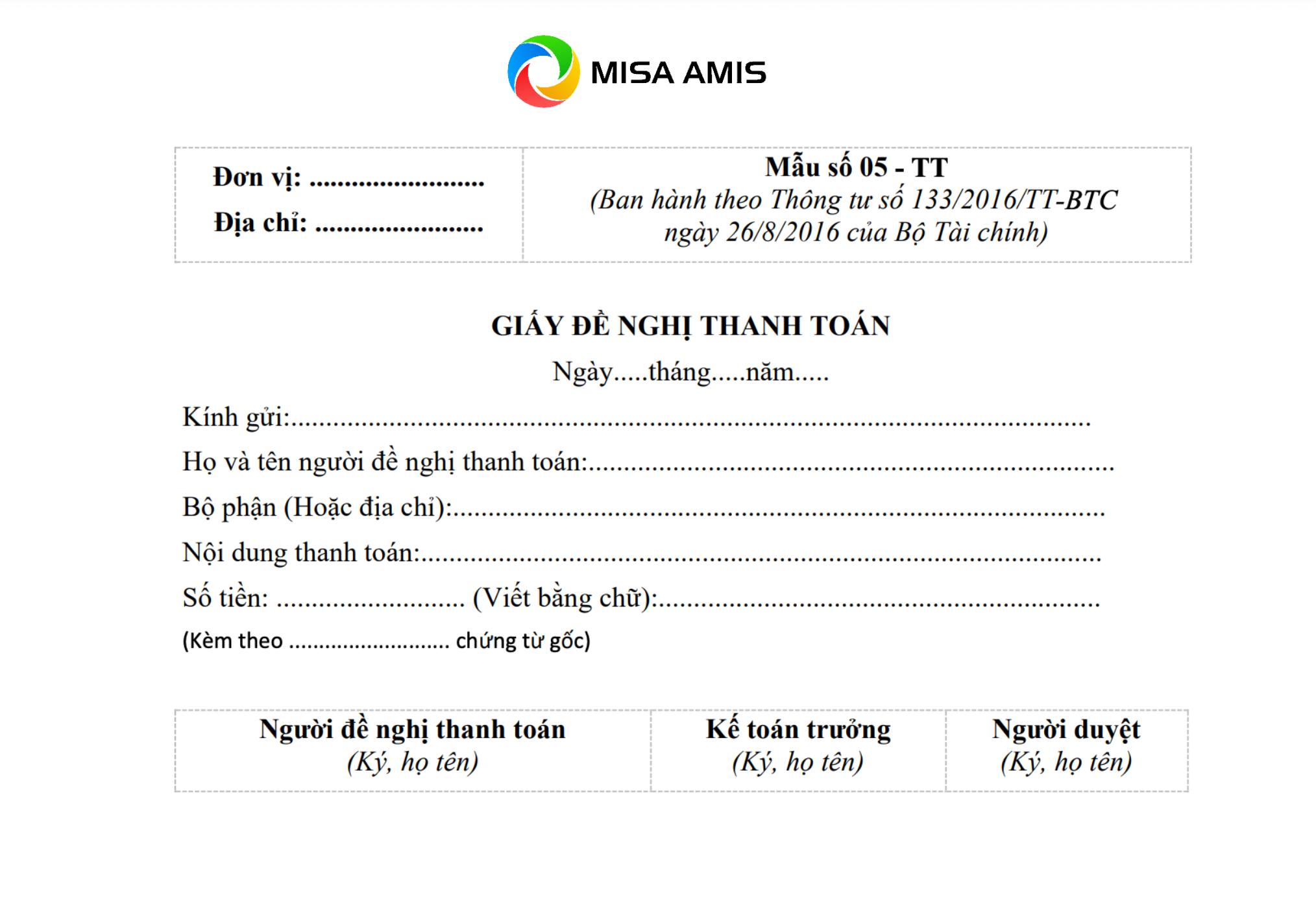Mẫu đề nghị thanh toán theo Thông tư 133