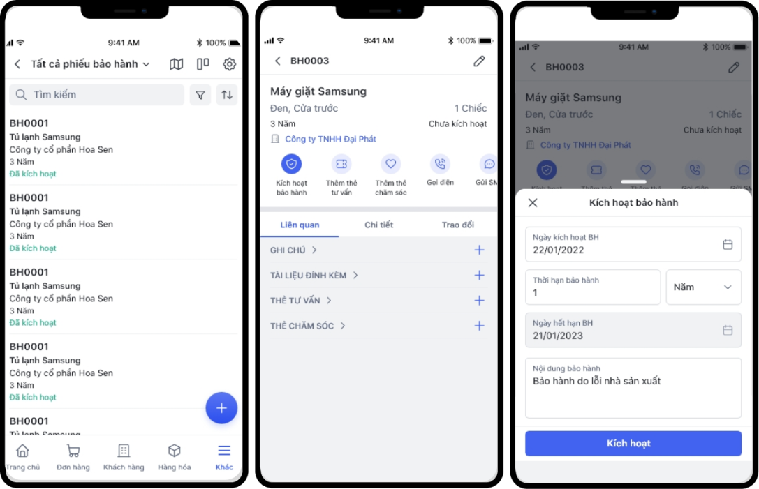 Giao diện quản lý bảo trì bảo dưỡng MISA AMIS CRM trên mobile