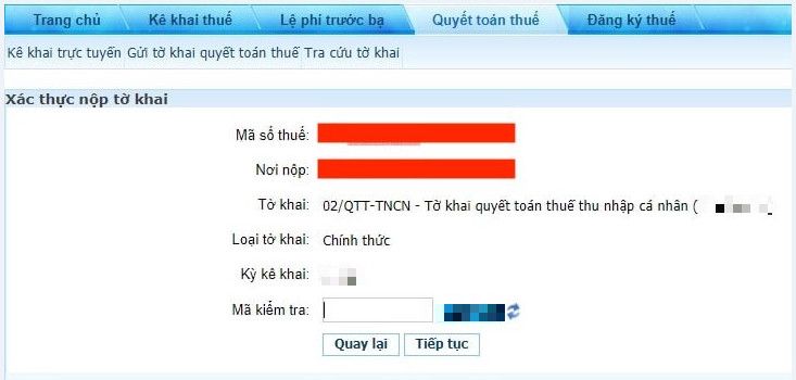 Hướng dẫn bước xác thực nộp tờ khai quyết toán thuế