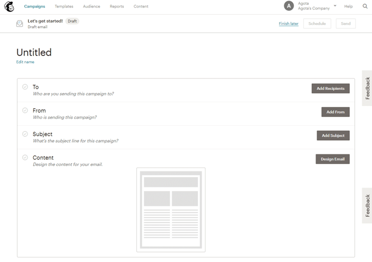 Giao diện gửi Broadcast email của mailchimp