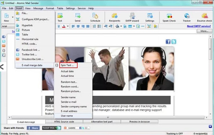Tính năng Text Spin trong phần mềm Atomic Mail Sender giúp giảm khả năng email bị đánh dấu spam - Nguồn: Internet
