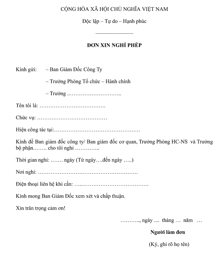 mẫu đơn xin nghỉ phép