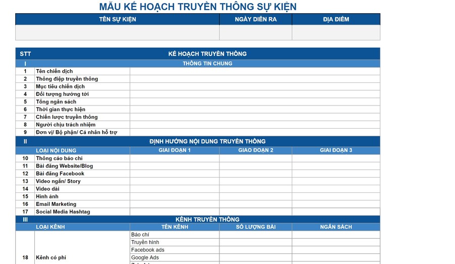 mẫu kế hoạch truyền thông sự kiện