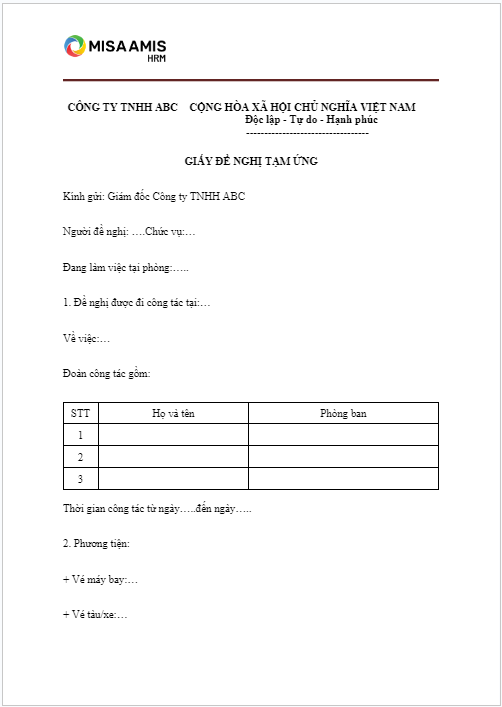 Mẫu giấy đề nghị tạm ứng công tác phí