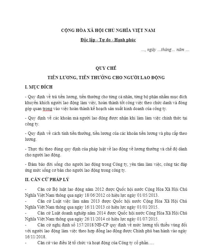 Mẫu quy chế Lương - Thưởng mẫu 1