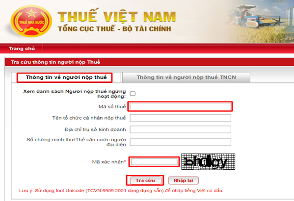 Điền thông tin tra cứu người nộp thuế