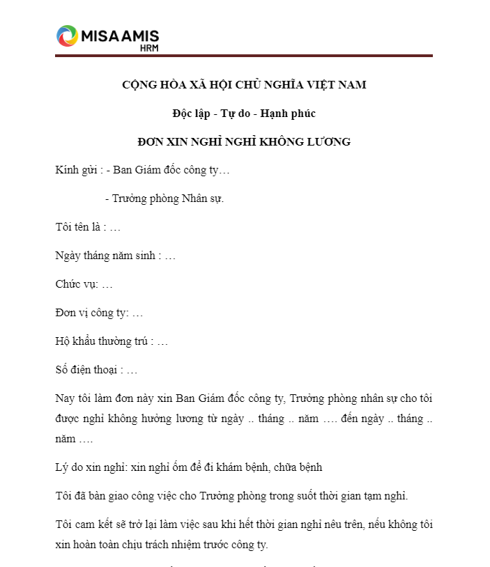 Mẫu 1: Mẫu đơn xin nghỉ không lương để chữa bệnh