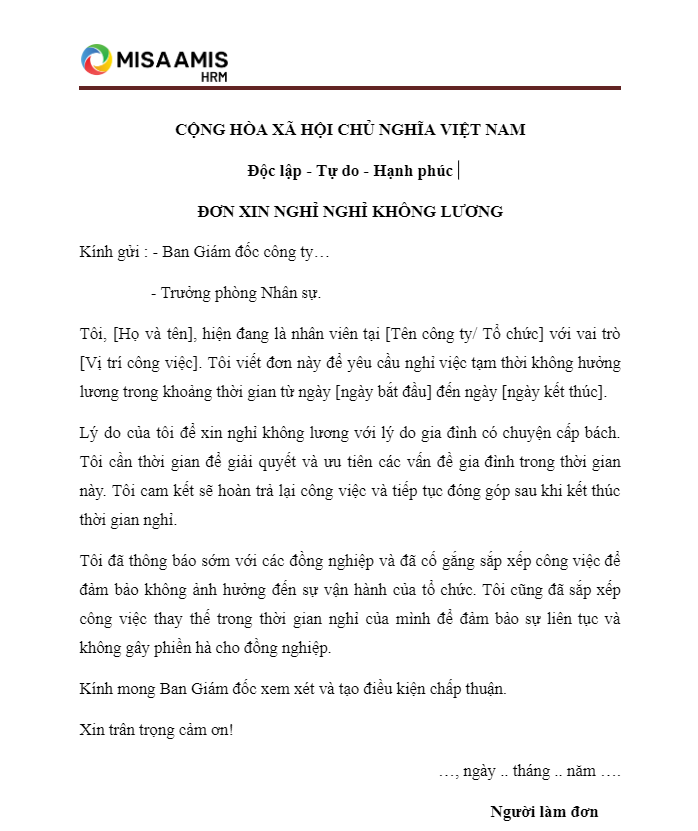 Mẫu 2: Mẫu đơn nghỉ việc tạm thời không lương vì lý do gia đình