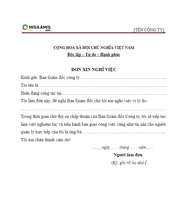 Mẫu đơn xin nghỉ việc 3