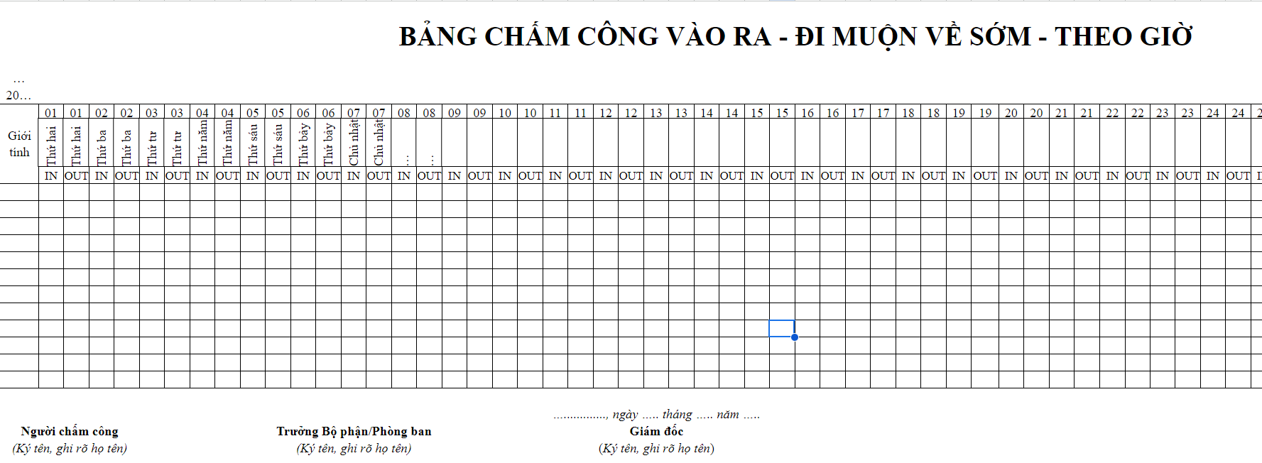 Bảng chấm công ra vào đi sớm về muộn theo giờ