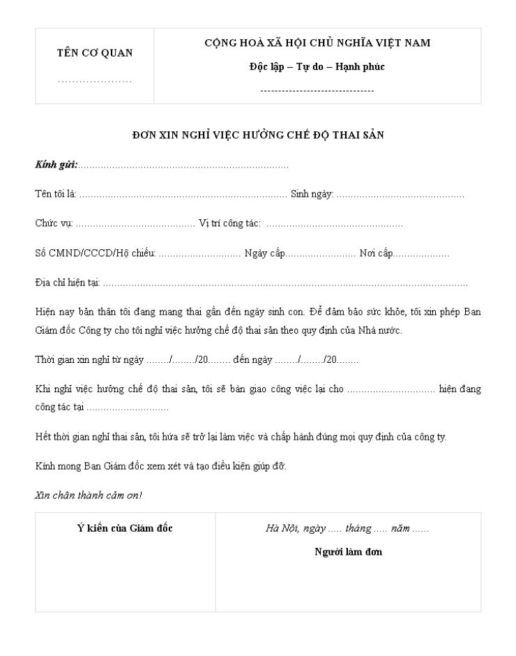 mẫu đơn xin nghỉ thai sản