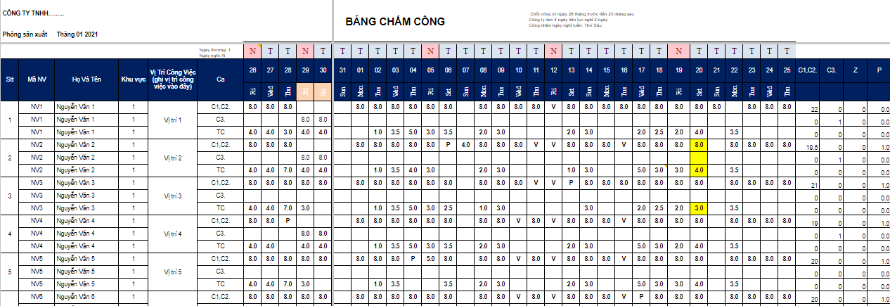 Bảng chấm công theo ca chuyên nghiệp