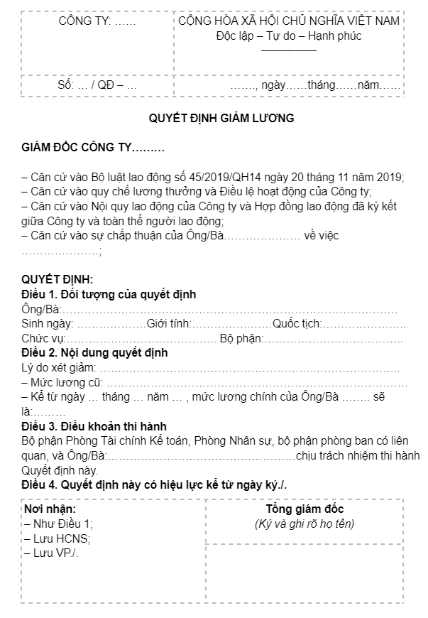 mẫu quyết định giảm lương 1