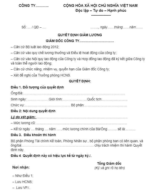 mẫu quyết định giảm lương