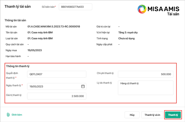 thanh lý tài sản misa amis