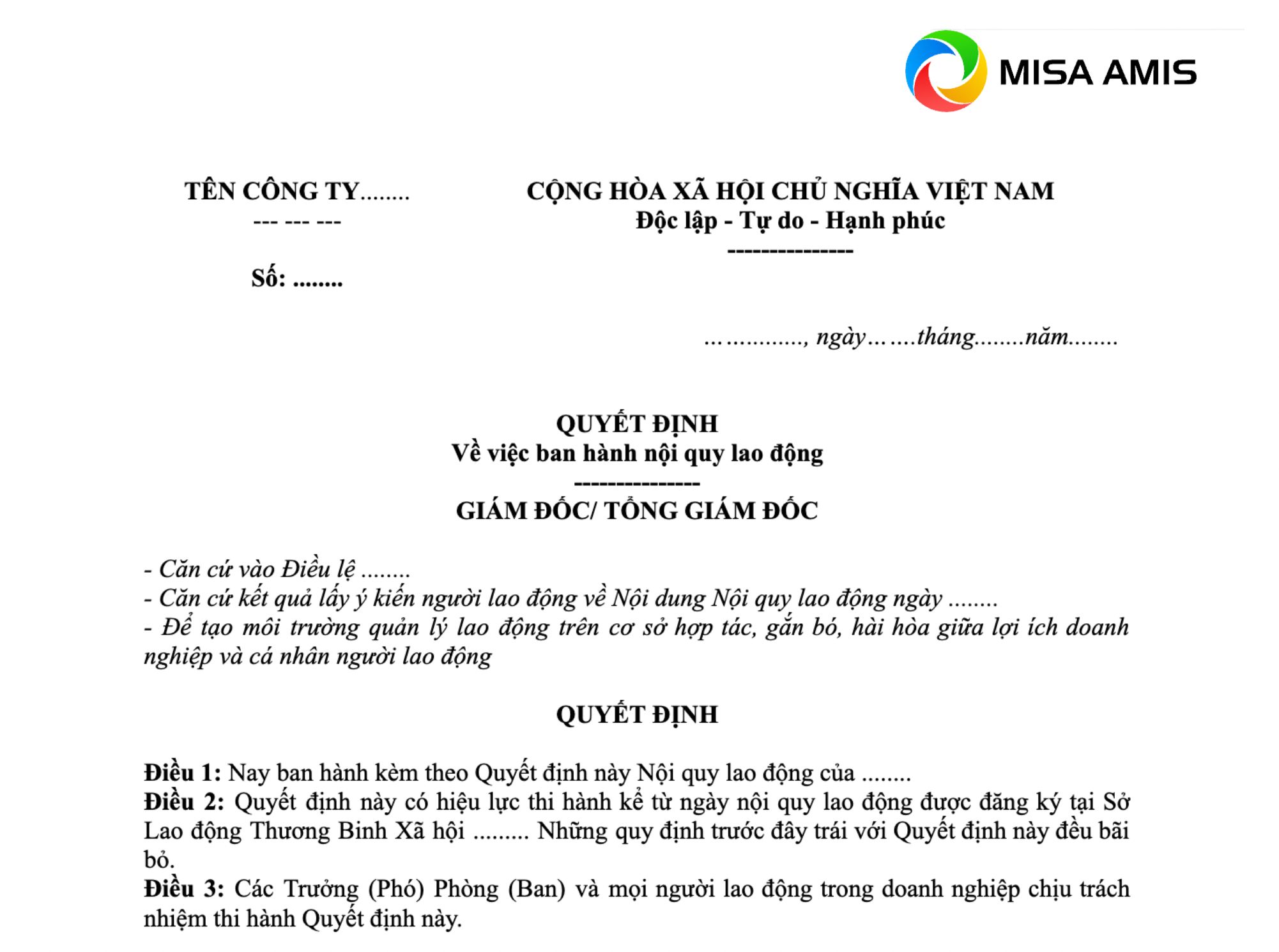 mẫu quyết định ban hành nội quy lao động