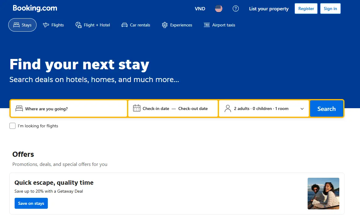 Trang chủ của booking.com