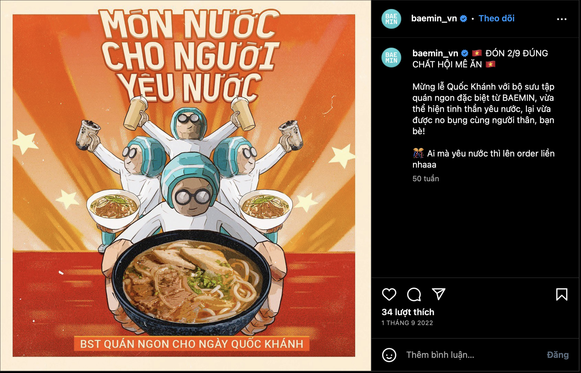 Chiến dịch “Món nước cho người yêu nước”hưởng ứng dịp lễ 2/9/2022 của Baemin (Ảnh:  Baemin)
